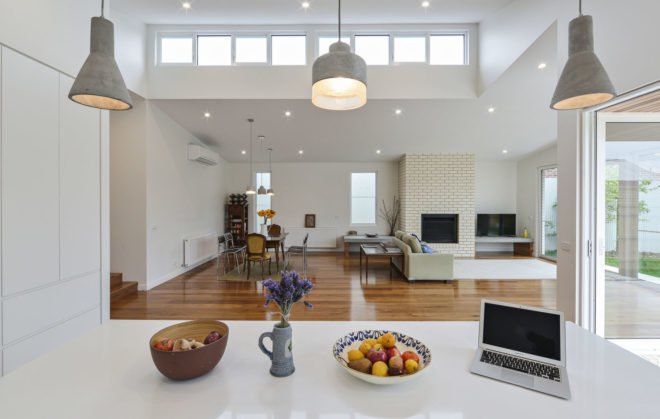 ITN Architects, Neumannhaus, green renovation, Victorian house, Melbourne, Australia, brick facade, green architecture, green fireplace, natural materials, cedar timber, verandah, open plan layout