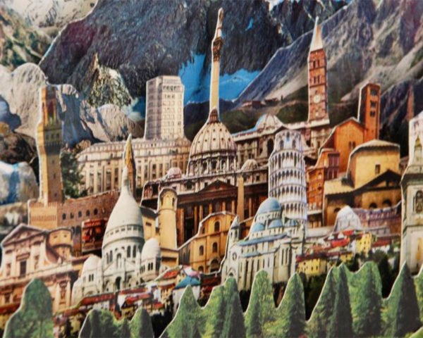 Caterina Rossato, vintage postcards art, paper cutouts, imaginable landscapes, remixing landscapes, Dèja vu, Greetings, Remapping Landscape