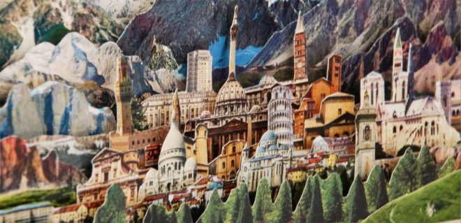 Caterina Rossato, vintage postcards art, paper cutouts, imaginable landscapes, remixing landscapes, Dèja vu, Greetings, Remapping Landscape