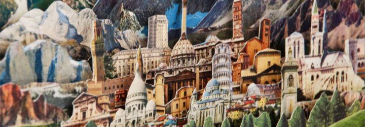 Caterina Rossato, vintage postcards art, paper cutouts, imaginable landscapes, remixing landscapes, Dèja vu, Greetings, Remapping Landscape