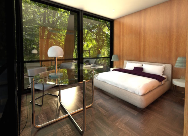 Prefabricated Glass House by Revolution Precrafted, prefabricated Glass House by Alan Ritchie, Alan Ritchie and Revolution Precrafted, modular glass house, prefab glass house philip johnson, reinterpretation of philip johnson glass house