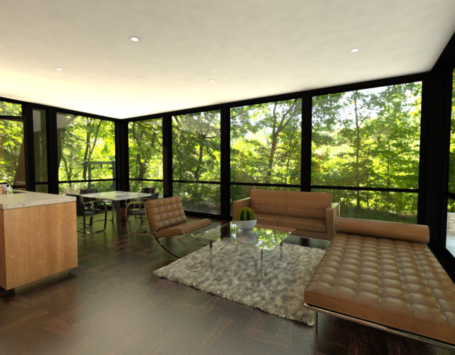 Prefabricated Glass House by Revolution Precrafted, prefabricated Glass House by Alan Ritchie, Alan Ritchie and Revolution Precrafted, modular glass house, prefab glass house philip johnson, reinterpretation of philip johnson glass house