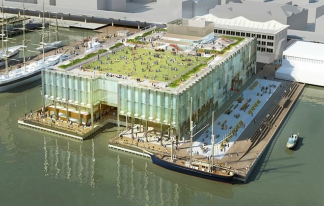 South street seaport, Tin Building, howard hughes building, nyc architecture, nyc waterfront, Howard Hughes Corporation, Tin Building renovation, Fulton Fish market warehouse, Pier 17 reconstruction, Uniform Land Use Process, ULURP, Landmark Preservation Commission, Seaport's Fulton Fish Market,