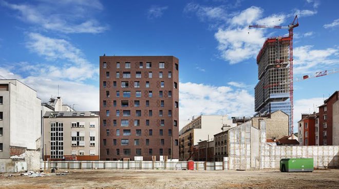 Avenier Cornejo, social housing, Paris, brick facade, steel facade, green architecture, inner garden, balconies and loggias, facade ornaments, perforated metal