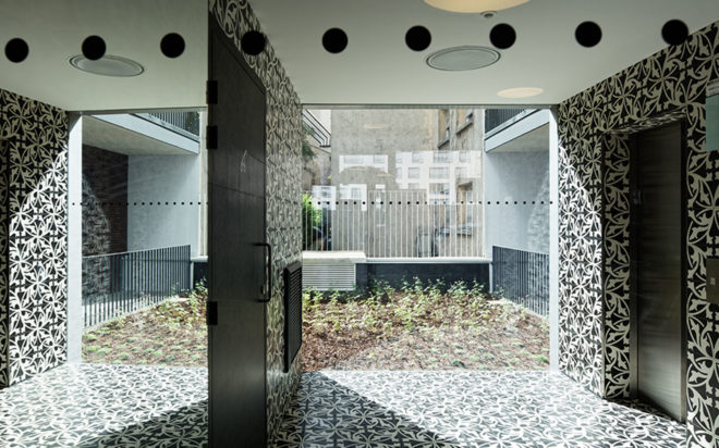 Avenier Cornejo, social housing, Paris, brick facade, steel facade, green architecture, inner garden, balconies and loggias, facade ornaments, perforated metal
