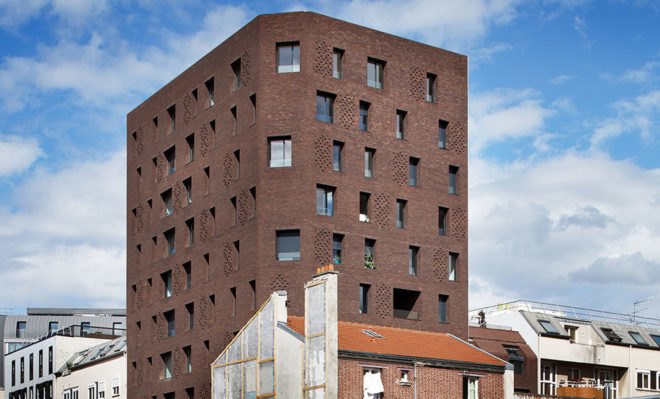 Avenier Cornejo, social housing, Paris, brick facade, steel facade, green architecture, inner garden, balconies and loggias, facade ornaments, perforated metal