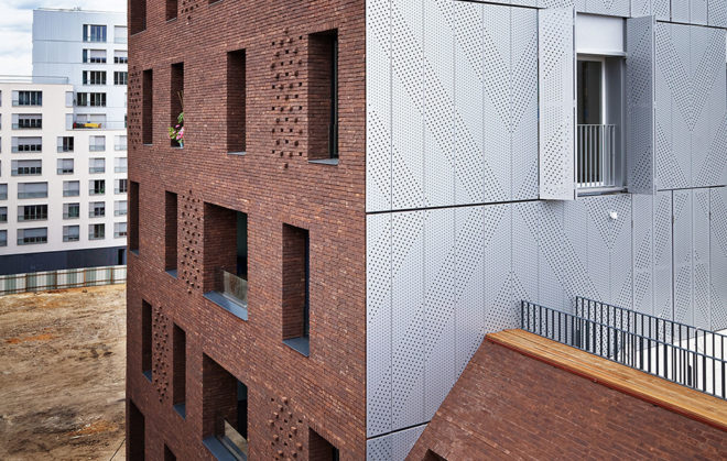 Avenier Cornejo, social housing, Paris, brick facade, steel facade, green architecture, inner garden, balconies and loggias, facade ornaments, perforated metal