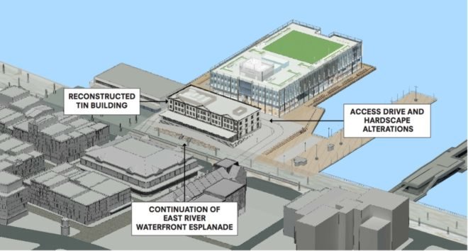 South street seaport, Tin Building, howard hughes building, nyc architecture, nyc waterfront, Howard Hughes Corporation, Tin Building renovation, Fulton Fish market warehouse, Pier 17 reconstruction, Uniform Land Use Process, ULURP, Landmark Preservation Commission, Seaport's Fulton Fish Market,