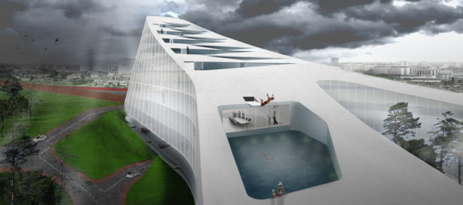netherlands, eindhoven, the dutch mountains, Studio Marco Vermeulen, BLOC, mixed use, green space, swimming pool, hotel, hotel rooms, office space, conference venue, urban architecture