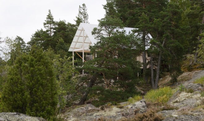 Viggsö Cabin by Arrhov Frick Arkitektkontor, Viggsö island cabin, Viggsö architecture, elevated holiday cabin, timber cabin on stilts, modern Swedish cabin architecture