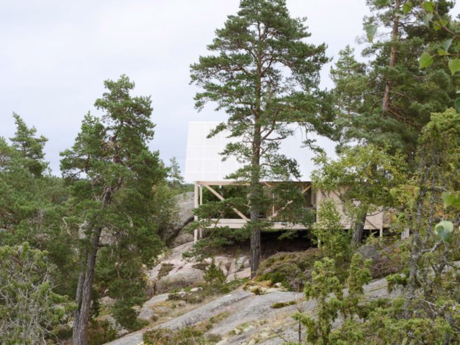 Viggsö Cabin by Arrhov Frick Arkitektkontor, Viggsö island cabin, Viggsö architecture, elevated holiday cabin, timber cabin on stilts, modern Swedish cabin architecture