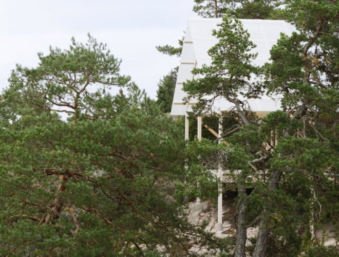 Viggsö Cabin by Arrhov Frick Arkitektkontor, Viggsö island cabin, Viggsö architecture, elevated holiday cabin, timber cabin on stilts, modern Swedish cabin architecture