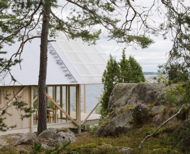 Viggsö Cabin by Arrhov Frick Arkitektkontor, Viggsö island cabin, Viggsö architecture, elevated holiday cabin, timber cabin on stilts, modern Swedish cabin architecture