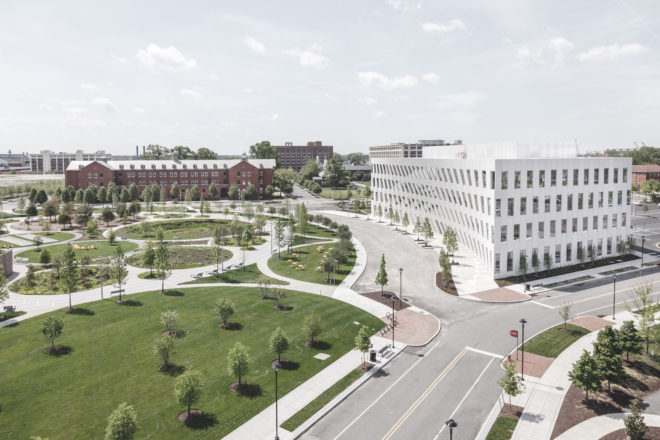 1200 Intrepid by BIG, BIG Philadelphia architecture, BIG architecture in the U.S. LEED Gold office building, Philadelphia Navy Yard architecture, 1200 Intrepid Philadelphia Navy Yard, ship-inspired architecture, periscope building