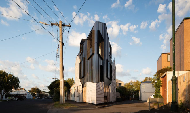 Acute House, Oof! Architecture, green renovation, Victorian cottage, Melbourne, reused building materials, Victorian weatherboard, open spaces, balcony, hanging plants, solar panels, solar hot water, water-efficient toilet, energy efficient appliances