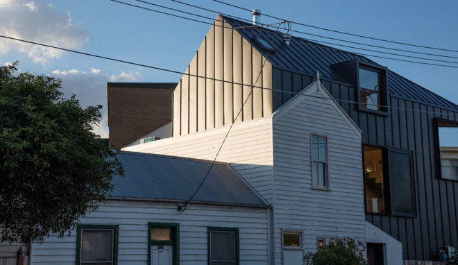 Acute House, Oof! Architecture, green renovation, Victorian cottage, Melbourne, reused building materials, Victorian weatherboard, open spaces, balcony, hanging plants, solar panels, solar hot water, water-efficient toilet, energy efficient appliances