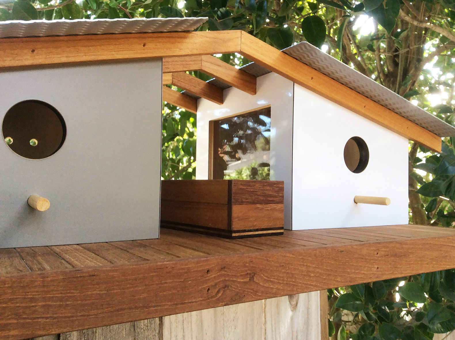 Architecture, modern architecture, design, birdhouse, birdhouses, Douglas Barnhard, Sourgrassbuilt, California, Santa Cruz, repurposed materials, Frank Lloyd Wright, Eichler, Bauhaus, Eichleresque Atrium