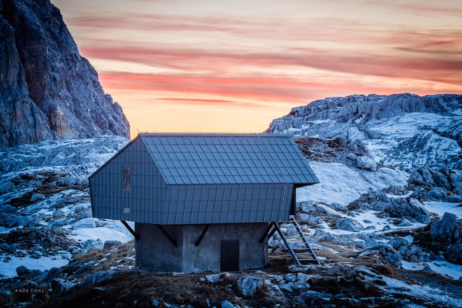 Bivak na Prehodavcih by Premica Architects, Slovenia alpine architecture, Triglav National Park cabin, Triglav National Park architecture, prefabricated alpine cabin, prefab mountain cabin, architecture built on bunkers,