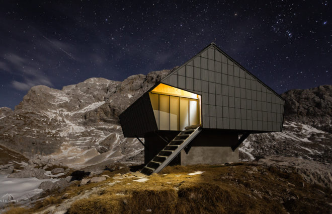 Bivak na Prehodavcih by Premica Architects, Slovenia alpine architecture, Triglav National Park cabin, Triglav National Park architecture, prefabricated alpine cabin, prefab mountain cabin, architecture built on bunkers,