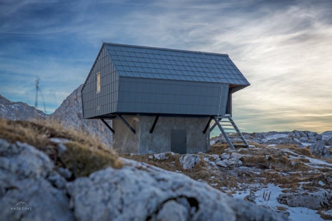 Bivak na Prehodavcih by Premica Architects, Slovenia alpine architecture, Triglav National Park cabin, Triglav National Park architecture, prefabricated alpine cabin, prefab mountain cabin, architecture built on bunkers,