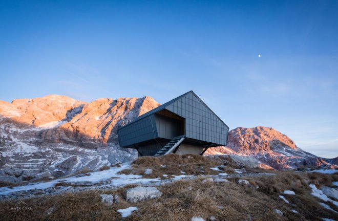 Bivak na Prehodavcih by Premica Architects, Slovenia alpine architecture, Triglav National Park cabin, Triglav National Park architecture, prefabricated alpine cabin, prefab mountain cabin, architecture built on bunkers,