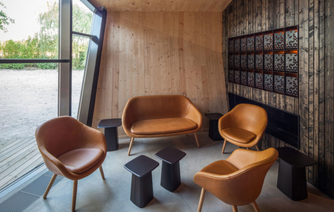 Boos Beach Club Restaurant, Metaform architects, refurbished architecture, green renovation, beach bar, Luxembourg, origami, wooden structure, concrete, green architecture, outdoor terrace