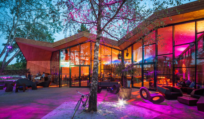 Boos Beach Club Restaurant, Metaform architects, refurbished architecture, green renovation, beach bar, Luxembourg, origami, wooden structure, concrete, green architecture, outdoor terrace