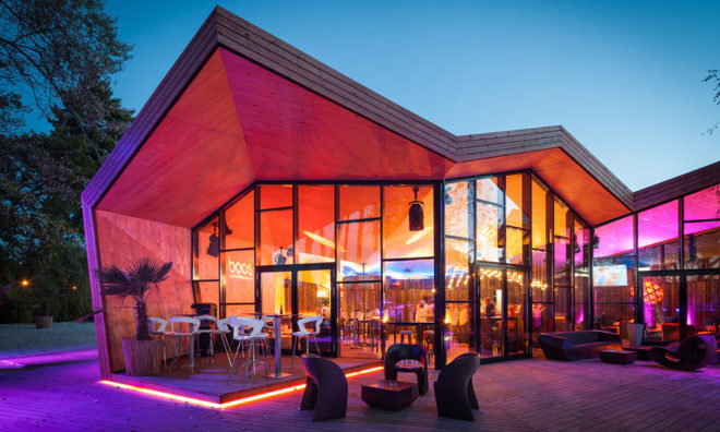 Boos Beach Club Restaurant, Metaform architects, refurbished architecture, green renovation, beach bar, Luxembourg, origami, wooden structure, concrete, green architecture, outdoor terrace