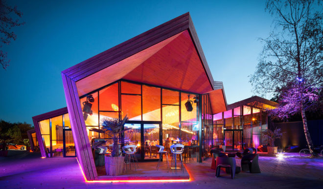 Boos Beach Club Restaurant, Metaform architects, refurbished architecture, green renovation, beach bar, Luxembourg, origami, wooden structure, concrete, green architecture, outdoor terrace