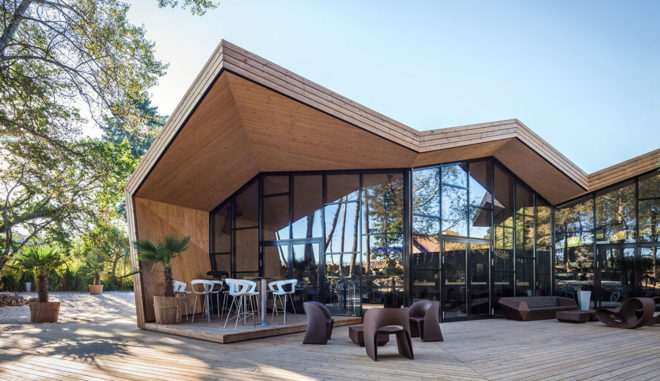 Boos Beach Club Restaurant, Metaform architects, refurbished architecture, green renovation, beach bar, Luxembourg, origami, wooden structure, concrete, green architecture, outdoor terrace