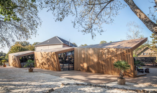 Boos Beach Club Restaurant, Metaform architects, refurbished architecture, green renovation, beach bar, Luxembourg, origami, wooden structure, concrete, green architecture, outdoor terrace