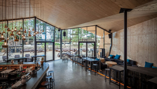 Boos Beach Club Restaurant, Metaform architects, refurbished architecture, green renovation, beach bar, Luxembourg, origami, wooden structure, concrete, green architecture, outdoor terrace