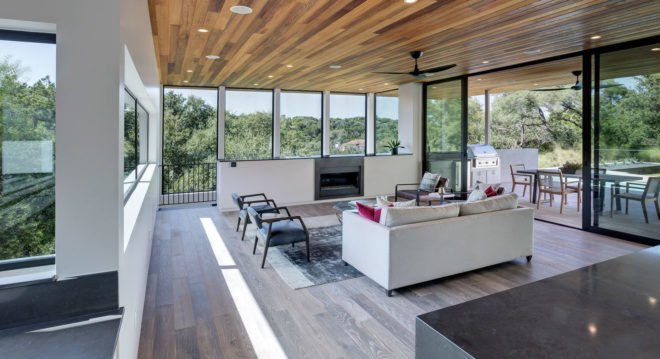[Bracketed Space] House, Matt Fajkus Architecture, infinity pool, Austin, open-plan, Texas, natural light, green architecture, glazing, glass facade, natural stucco, concrete, cedar, steel