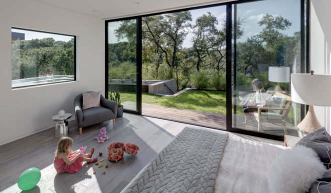 [Bracketed Space] House, Matt Fajkus Architecture, infinity pool, Austin, open-plan, Texas, natural light, green architecture, glazing, glass facade, natural stucco, concrete, cedar, steel
