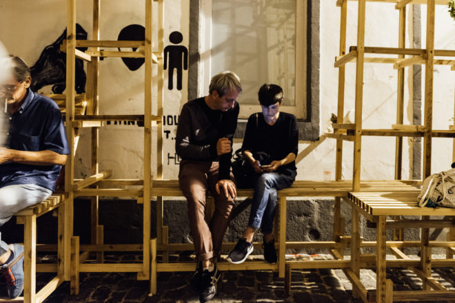 Casa do Quarteirão by Orizzontale, O Quarteirão art, Casa do Quarteirão, Casa do Quarteirão art installation, Walk&Talk Azores 2016, art transformed alleyway, street art installation with modular structures, Azores Island art installation, Orizzontale at Walk&Talk Azores