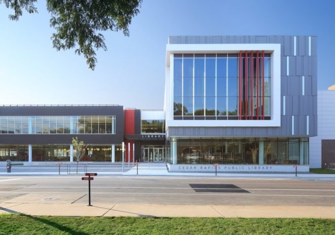 Cedar Rapids Public Library by OPN, Cedar Rapids Public Library LEED, Cedar Rapids Public Library sustainable architecture, Cedar Rapids Public Library in Iowa, Cedar Rapids Public Library rebuilt, eco-friendly library, sustainable library architecture, LEED Platinum library