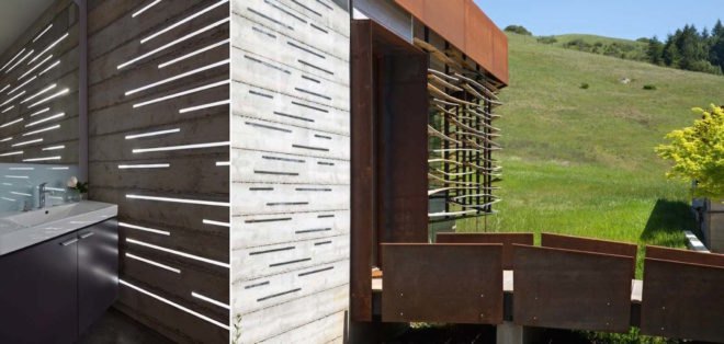 Crook Cup Bow Twist House by Schwartz and Architecture, eucalyptus solar screen, Nicasio architecture, Marin County Green Building standard house, contemporary California countryside home, Crook Cup Bow Twist House