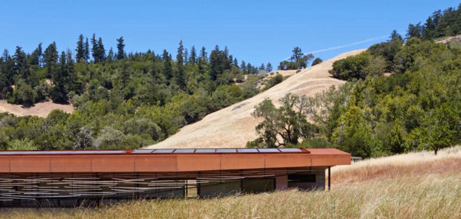 Crook Cup Bow Twist House by Schwartz and Architecture, eucalyptus solar screen, Nicasio architecture, Marin County Green Building standard house, contemporary California countryside home, Crook Cup Bow Twist House
