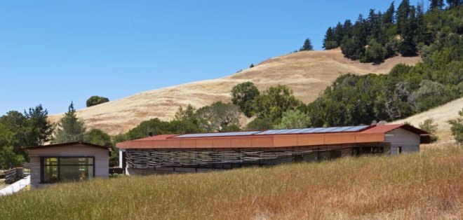 Crook Cup Bow Twist House by Schwartz and Architecture, eucalyptus solar screen, Nicasio architecture, Marin County Green Building standard house, contemporary California countryside home, Crook Cup Bow Twist House