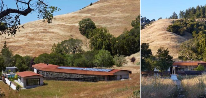 Crook Cup Bow Twist House by Schwartz and Architecture, eucalyptus solar screen, Nicasio architecture, Marin County Green Building standard house, contemporary California countryside home, Crook Cup Bow Twist House