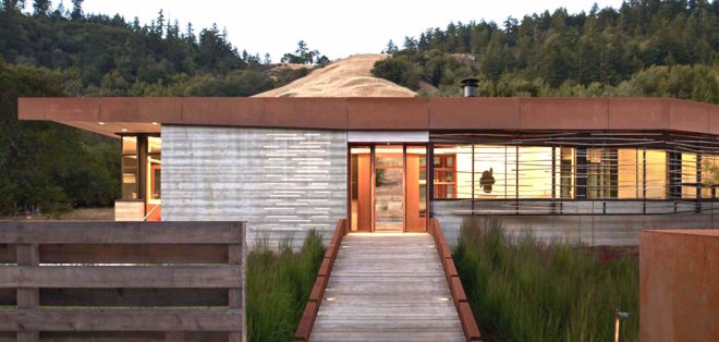 Crook Cup Bow Twist House by Schwartz and Architecture, eucalyptus solar screen, Nicasio architecture, Marin County Green Building standard house, contemporary California countryside home, Crook Cup Bow Twist House