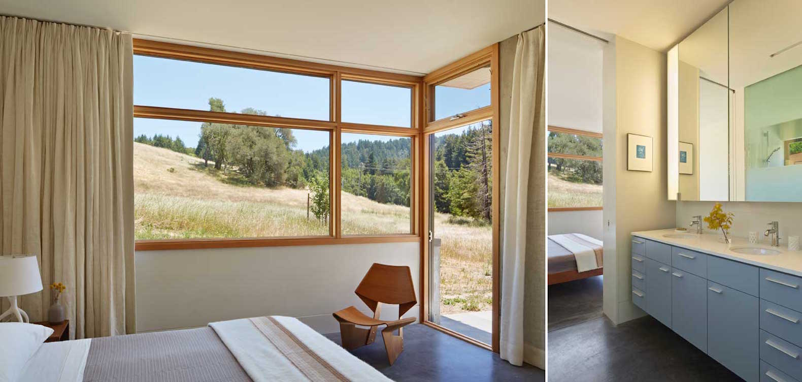 Crook Cup Bow Twist House by Schwartz and Architecture, eucalyptus solar screen, Nicasio architecture, Marin County Green Building standard house, contemporary California countryside home, Crook Cup Bow Twist House