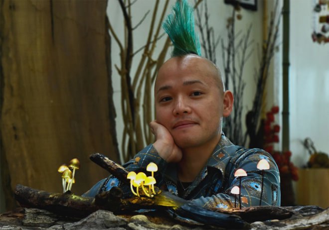 mushroom lamps, LED mushroom lamps, Yukio Takano, Great Mushrooming by Yukio Takano, LED sculptures mushrooms, resin clay LED lamps, resin clay mushrooms,