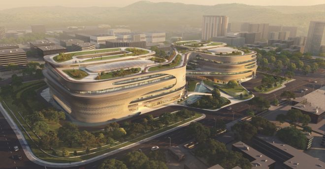 infinity inspired architecture, Guangzhou Infinitus Plaza by Zaha Hadid Architects, Baiyun New Town architecture, Infinitus China headquarters, sustainable workplace design, ecofriendly work campus, headquarter campus design in China,