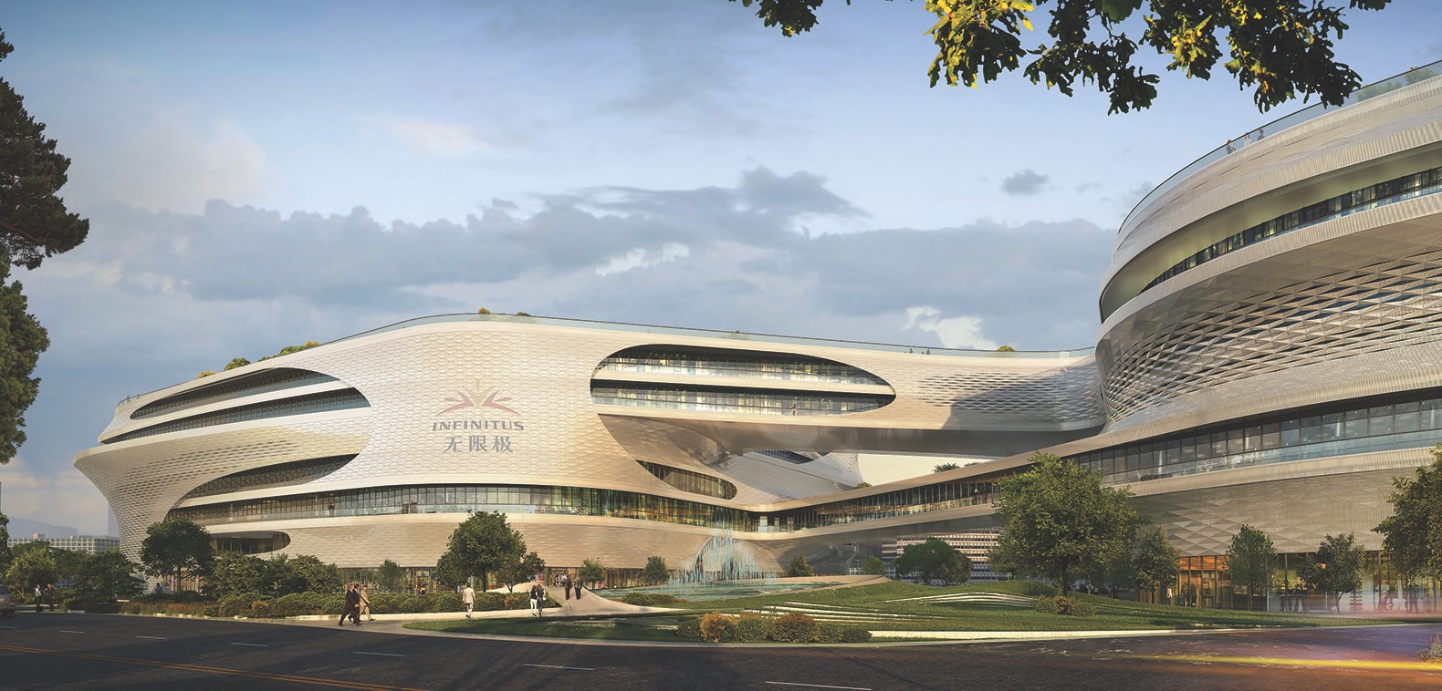 infinity inspired architecture, Guangzhou Infinitus Plaza by Zaha Hadid Architects, Baiyun New Town architecture, Infinitus China headquarters, sustainable workplace design, ecofriendly work campus, headquarter campus design in China,