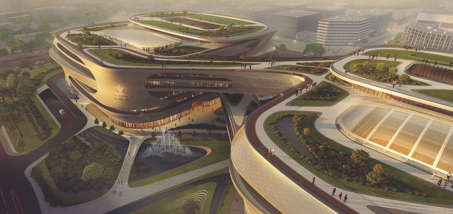 infinity inspired architecture, Guangzhou Infinitus Plaza by Zaha Hadid Architects, Baiyun New Town architecture, Infinitus China headquarters, sustainable workplace design, ecofriendly work campus, headquarter campus design in China,