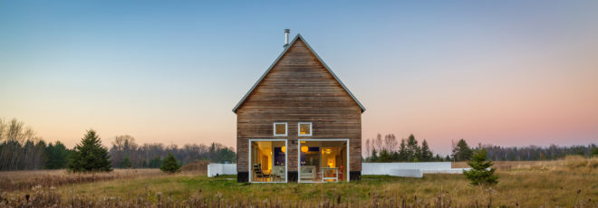 House for Beth by Salmela Architect, Door County contemporary house, house with IKEA furnishings, Wisconsin contemporary architecture, barn-inspired architecture, standing seam metal roof,