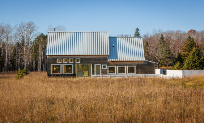 House for Beth by Salmela Architect, Door County contemporary house, house with IKEA furnishings, Wisconsin contemporary architecture, barn-inspired architecture, standing seam metal roof,