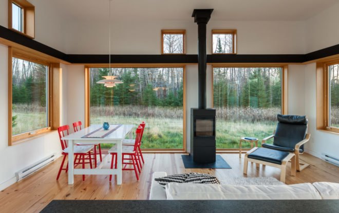 House for Beth by Salmela Architect, Door County contemporary house, house with IKEA furnishings, Wisconsin contemporary architecture, barn-inspired architecture, standing seam metal roof,