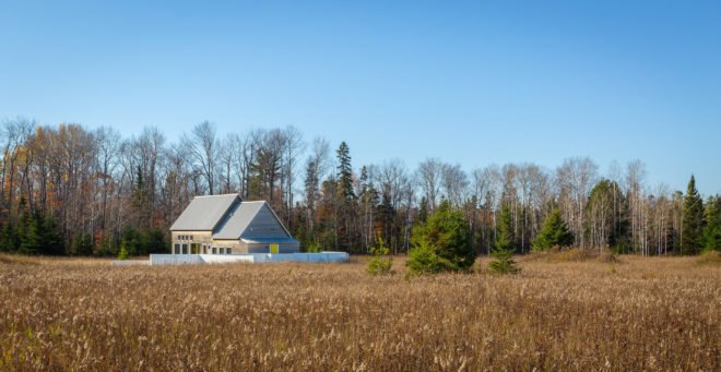 House for Beth by Salmela Architect, Door County contemporary house, house with IKEA furnishings, Wisconsin contemporary architecture, barn-inspired architecture, standing seam metal roof,